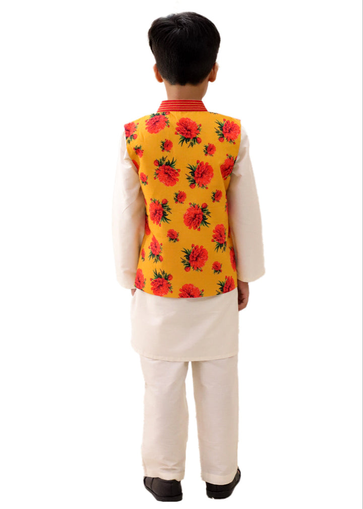 Genda Phool White Kurta and Pant with Mustard Jacket Set
