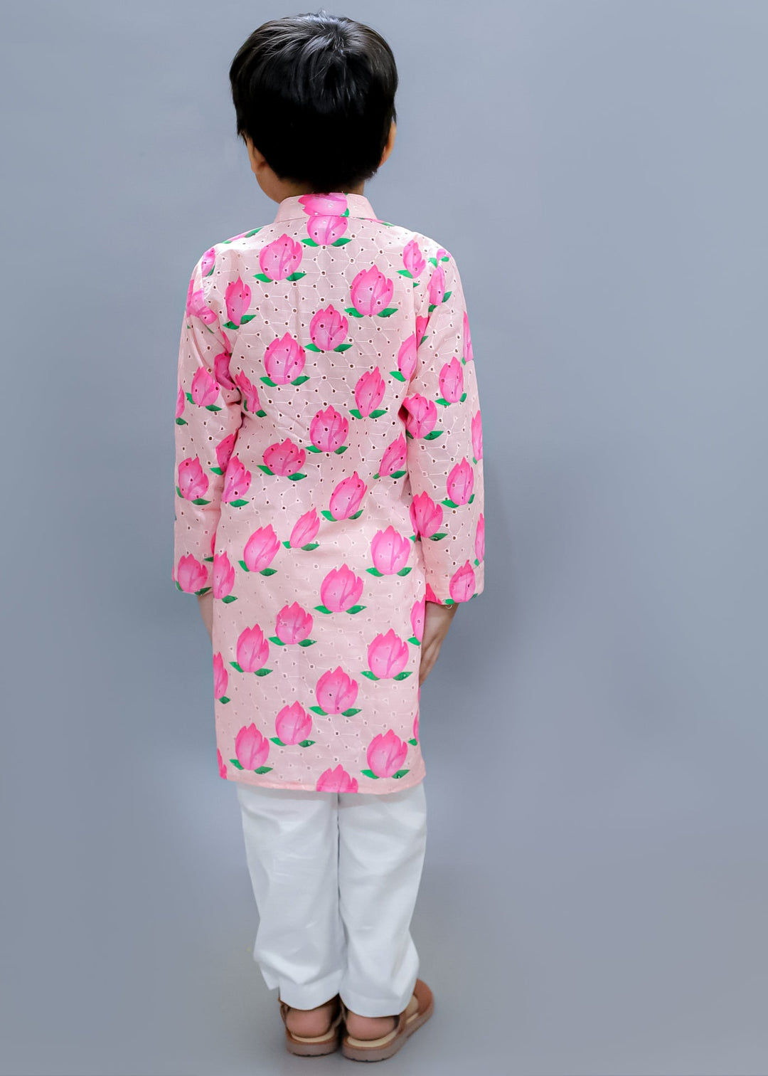 Baby Pink Hakuba Cotton Lotus Printed Kurta With White Pajama Set