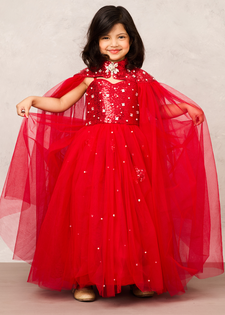 Red Elegant With Sequence Chest Detailing & Sequence Collar Net Shrug Dress