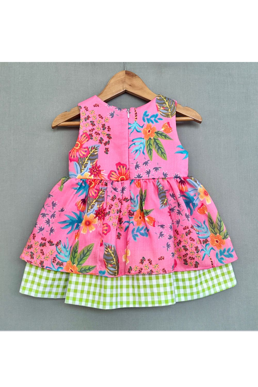Pink Cotton Floral Dress with Gingham Checks