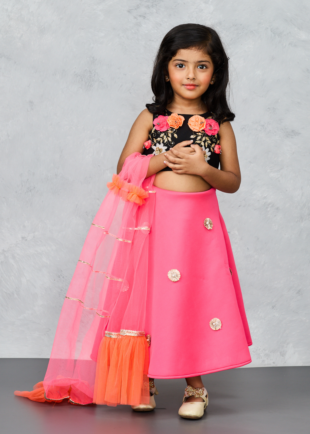 Black Hand Embroidered Choli And Pink Ghaghara With Dupatta Set