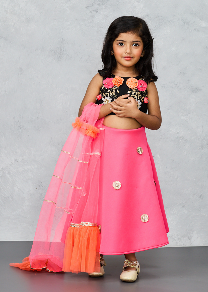 Black Hand Embroidered Choli And Pink Ghaghara With Dupatta Set