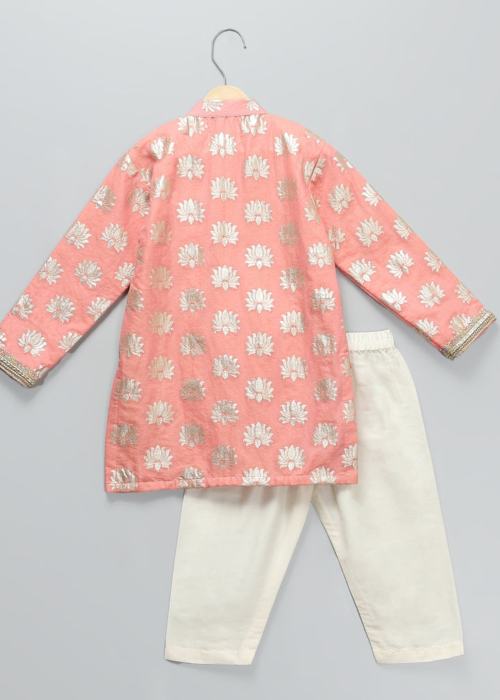 Peach Lotus Printed With Yoke Embroidery Kurta With Pyjama Set