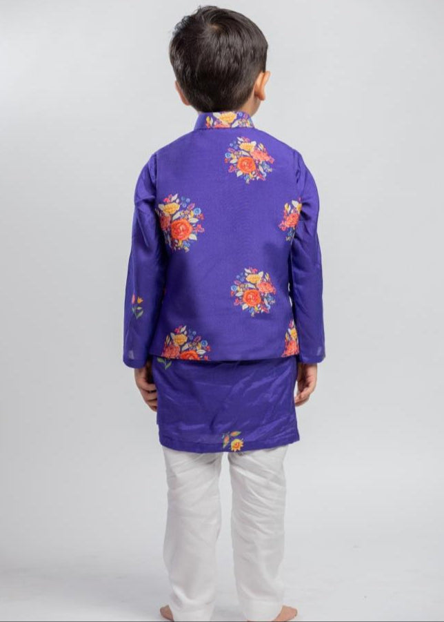 Purple Muslin Kurta And White Pyjama With Purple Floral Printed Jacket Set