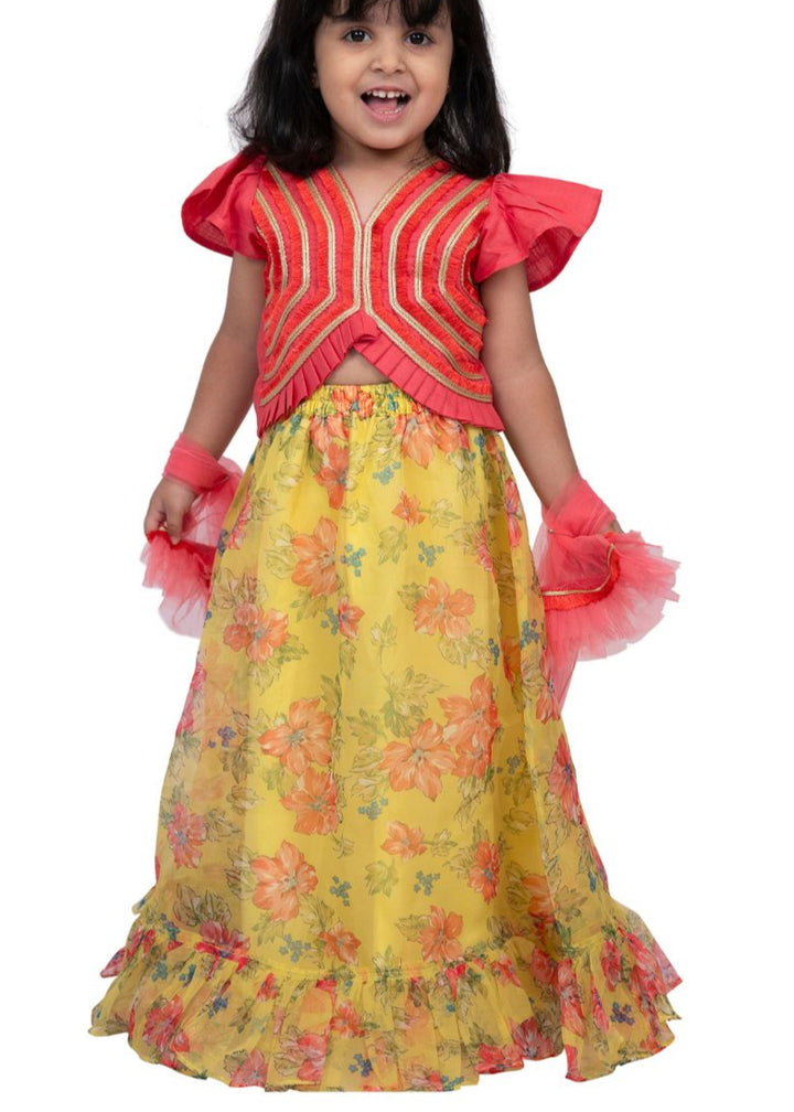 Coral Yellow Embellished Half Sleeves Top With Ghaghra Set