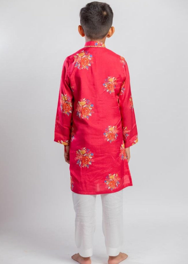 Red Big Floral Printed Kurta With White Pyjama Set
