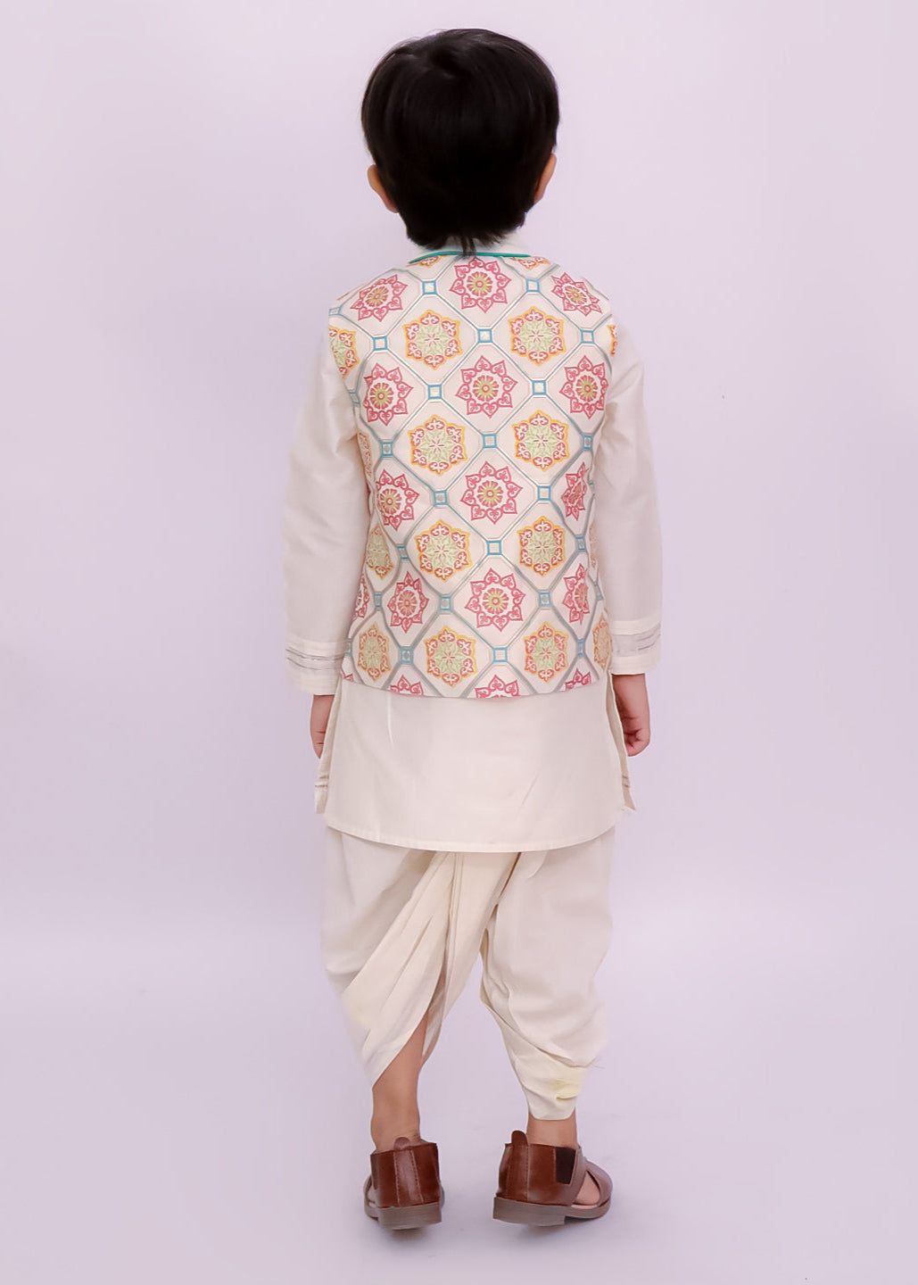 Mishti Off White Geometric Printed Kurta Dhoti With Jacket Set