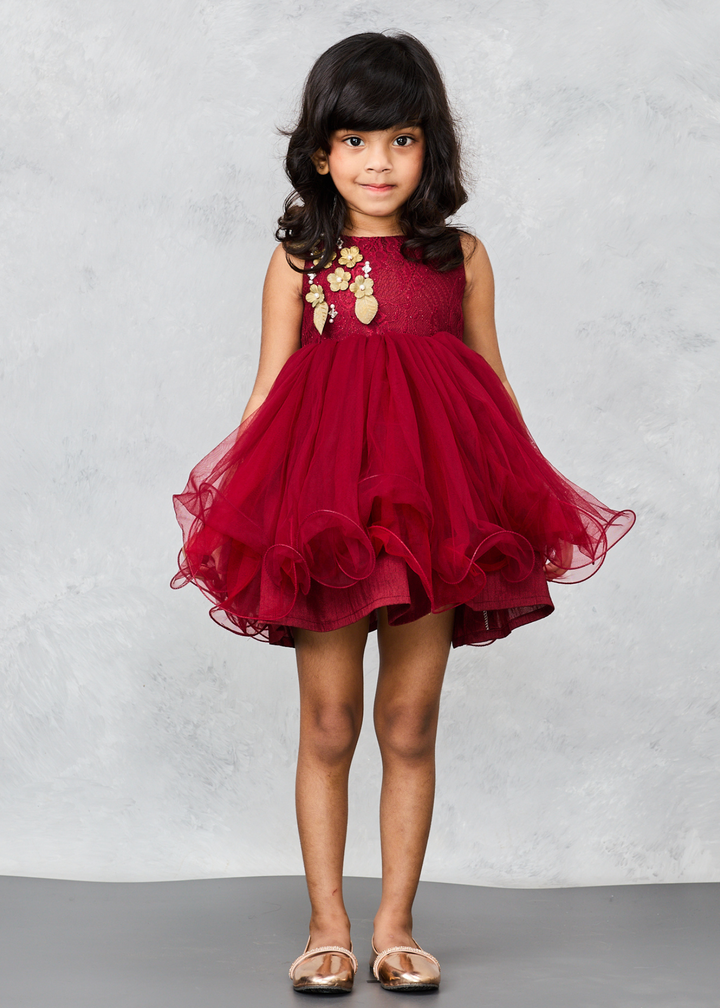 Maroon Vintage Style Floral Embellishments lace Dress
