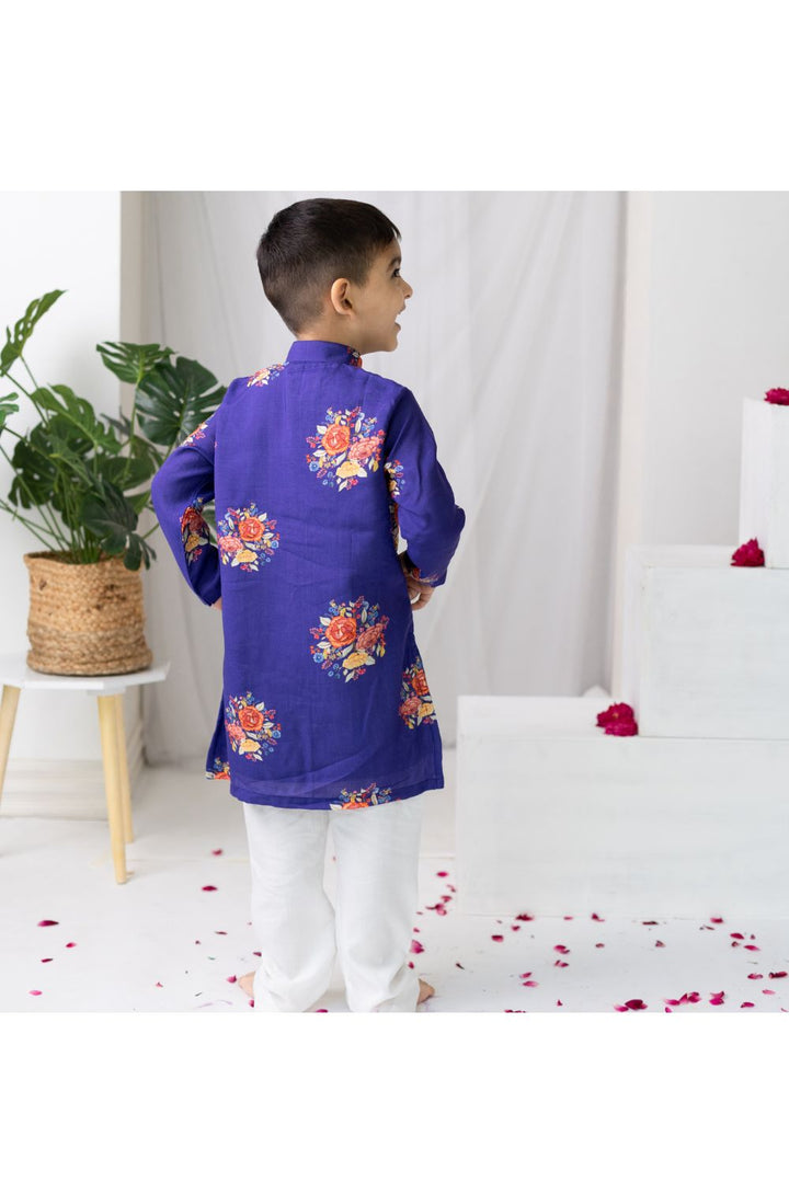 Purple Big Floral Printed Kurta With White Pyjama Set