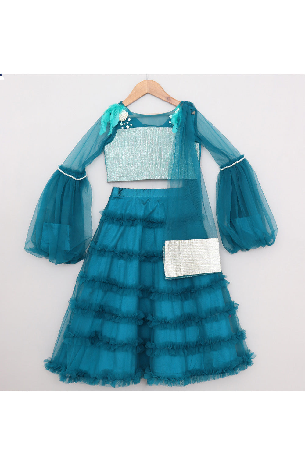 Pearl And Feather Embellished Top With Frill Lehenga Set