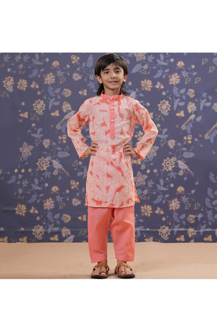 Peach And White Chikankari Kurta With Salwar Set