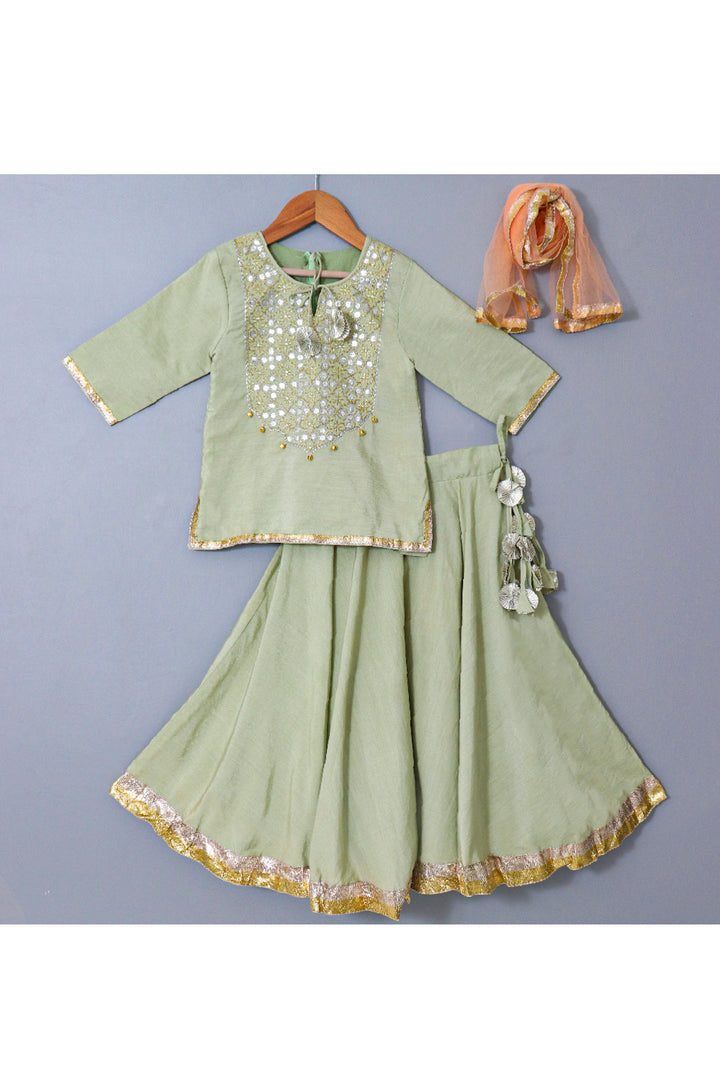 Green Embroidered Cotton Silk Long Top With Gota Patti Detailing Lehenga Set