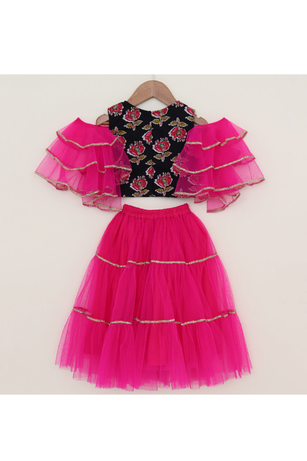 Pink And Black Floral Printed Ruffle Sleeves Top With Lehenga Set