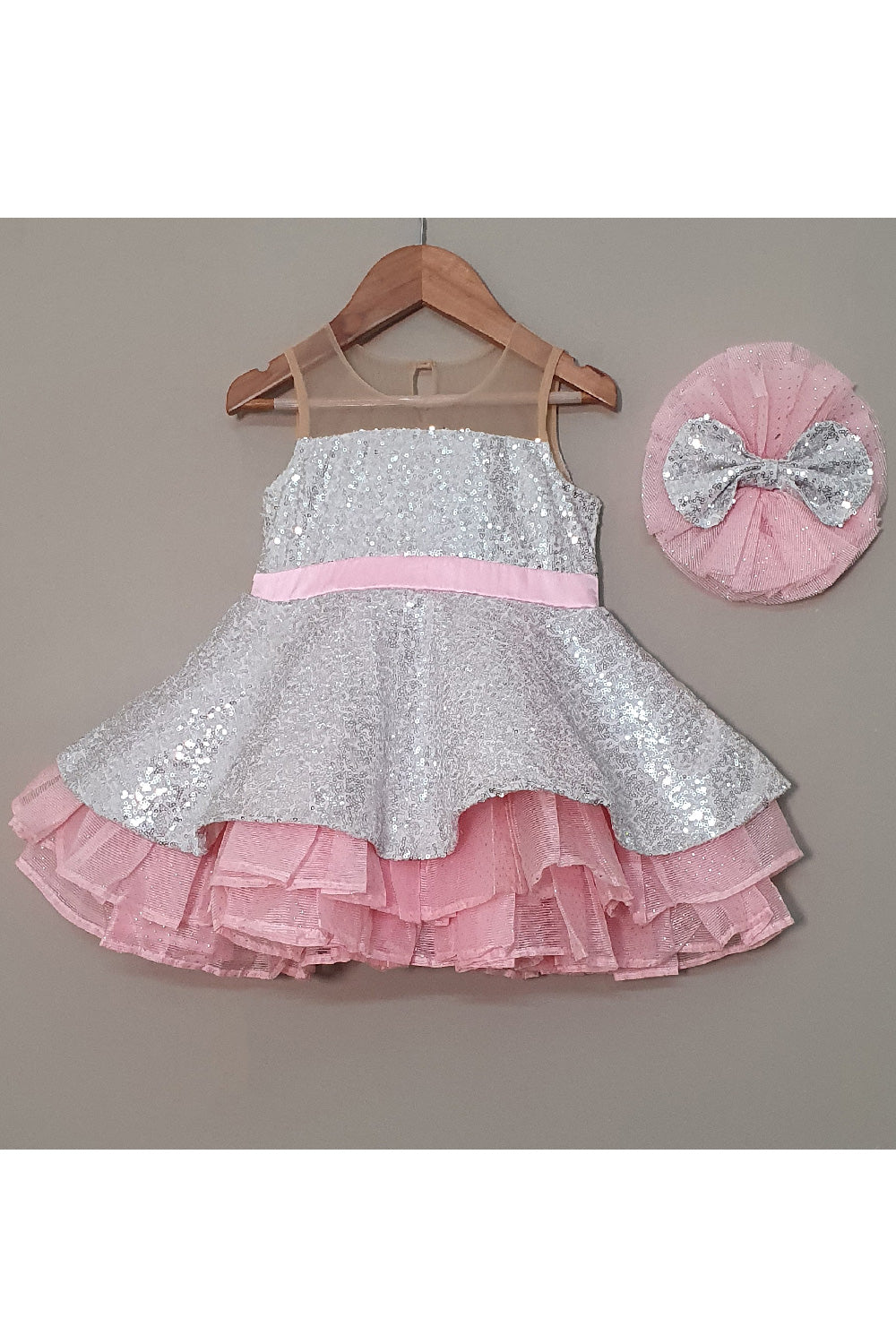 Pink And Silver Sequins Detailing Dress With Hairband