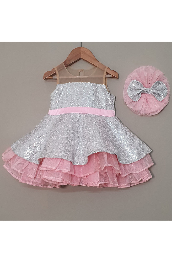 Pink And Silver Sequins Detailing Dress With Hairband