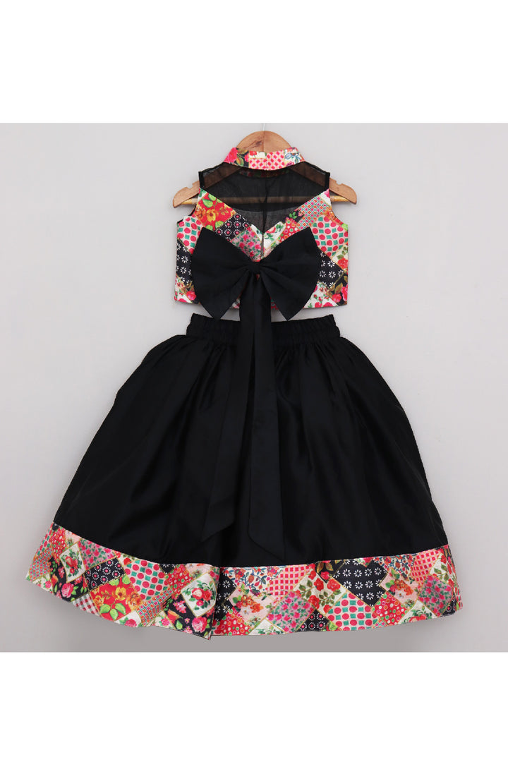 Black Printed Crop Top With Silk Lehenga Set