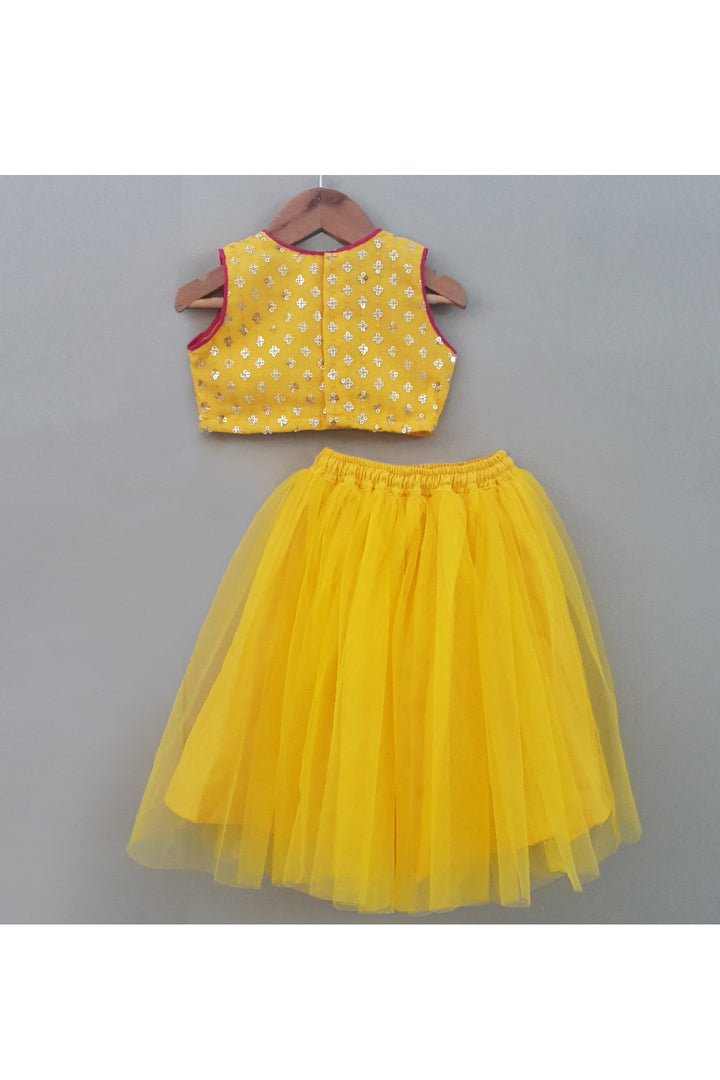 Yellow Embroidered Sleeveless Top With Net Lehenga Set
