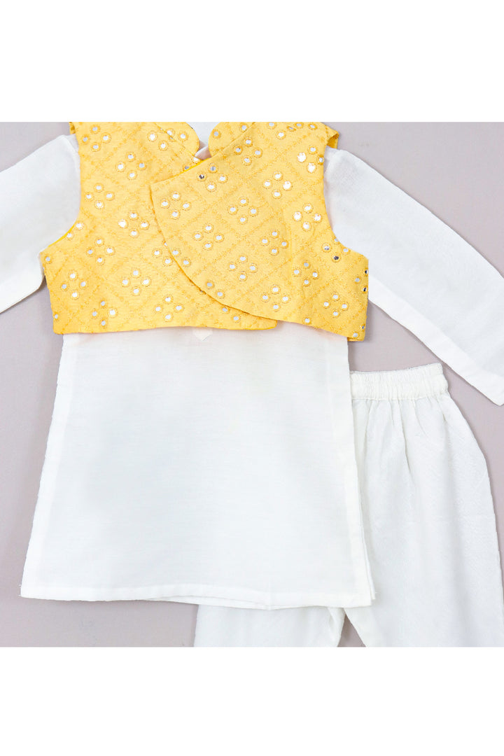 White Cotton Silk Kurta With Yellow Faux Mirror Embroidered Jacket Set