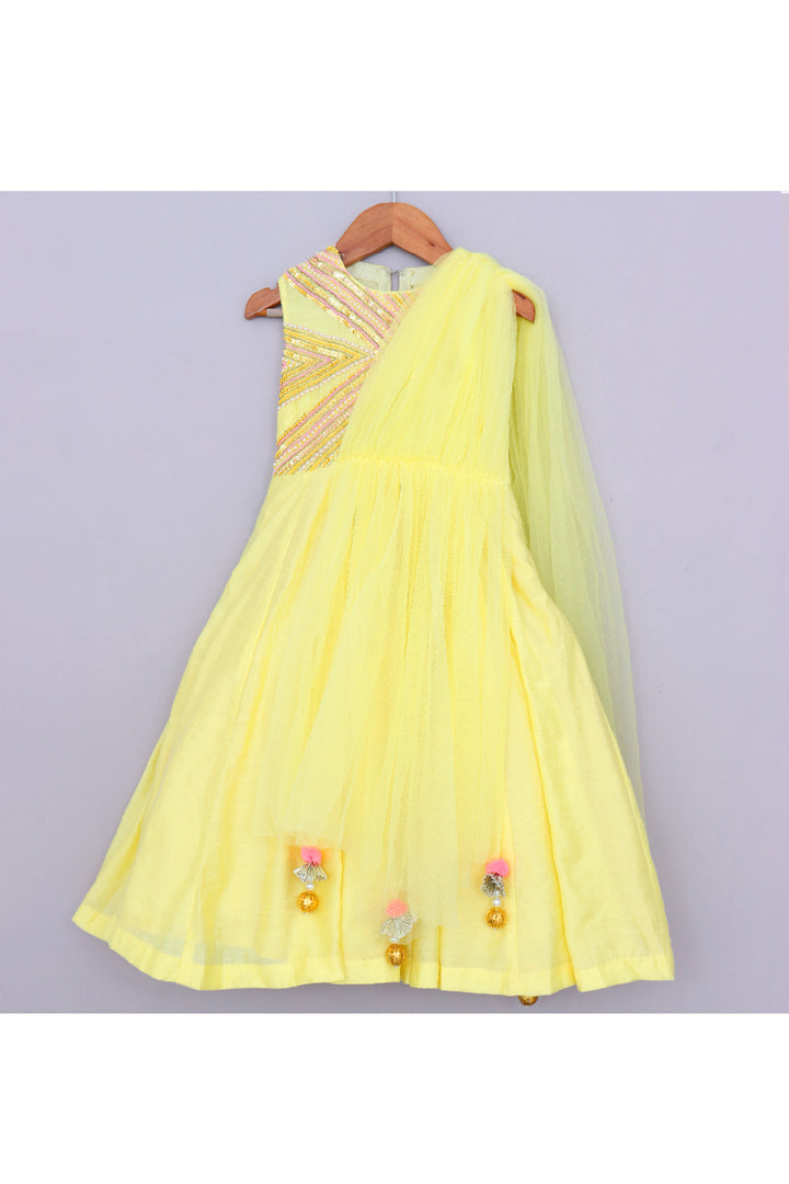 Yellow Sequins And Beads Embroidered Chanderi Gown With Attached Dupatta
