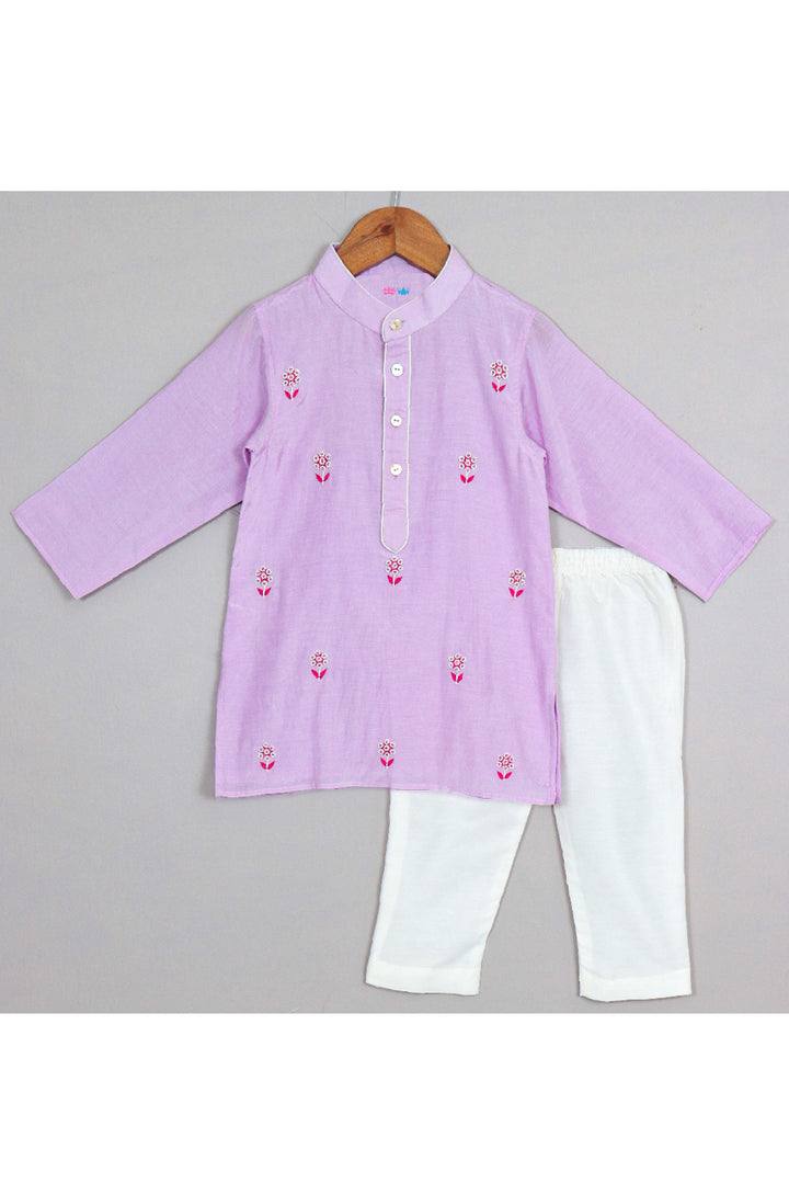 Purple Floral Embroidered Cotton Silk Kurta With Pyjama Set