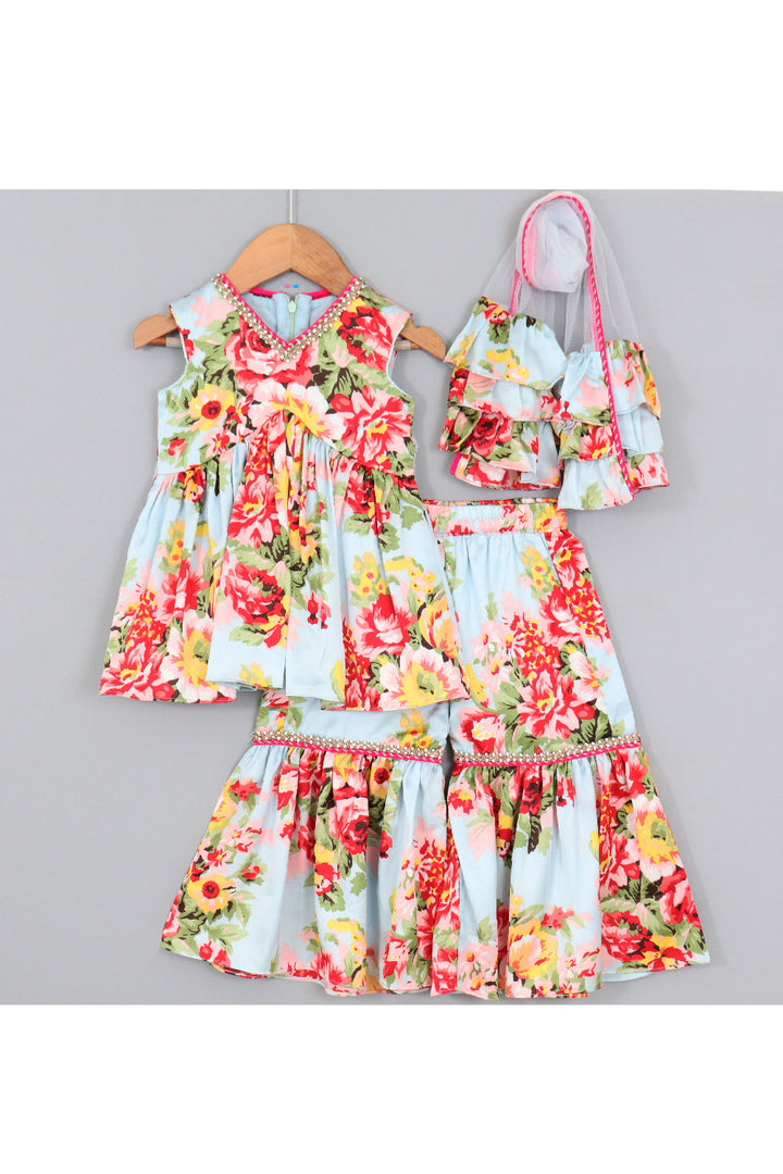 Aqua Blue Floral Printed Peplum Style Top With Sharara Set