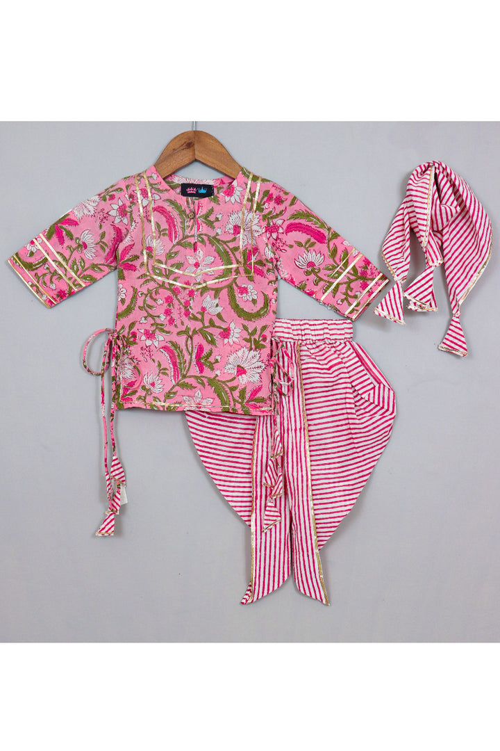 Pink Floral Printed With Lace Detailing Cotton Kurta With Dhoti And Dupatta Set