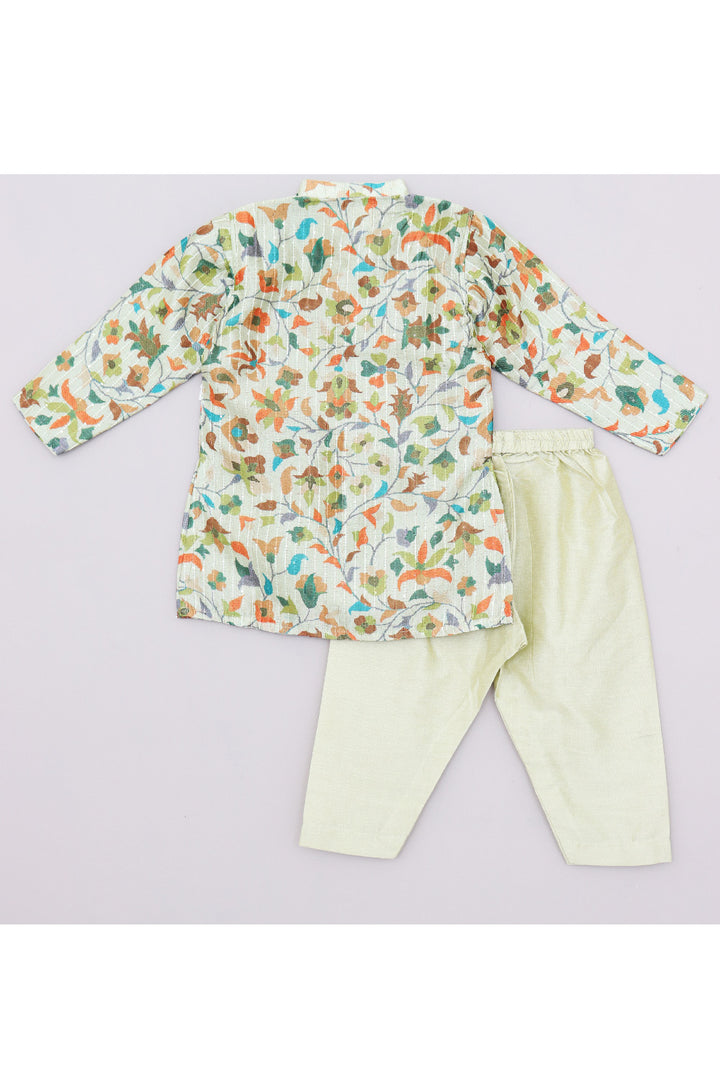 Mint Green Printed And Sequins Detailing Silk Kurta With Pyjama Set