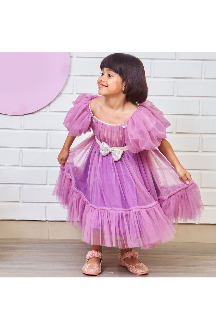 Net Puff Sleeves Dress With Sequins Bow Detailing Belt