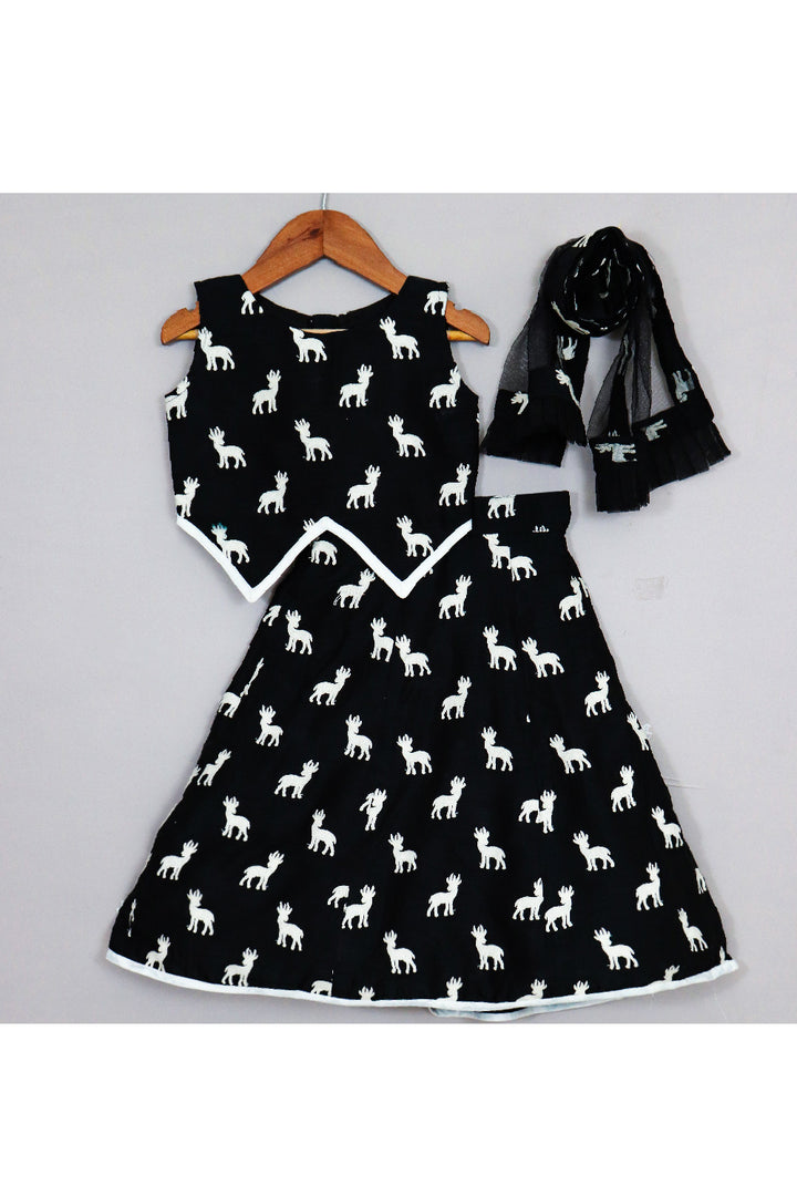 Black And White Deer Embroidered Silk Top With Lehenga Set