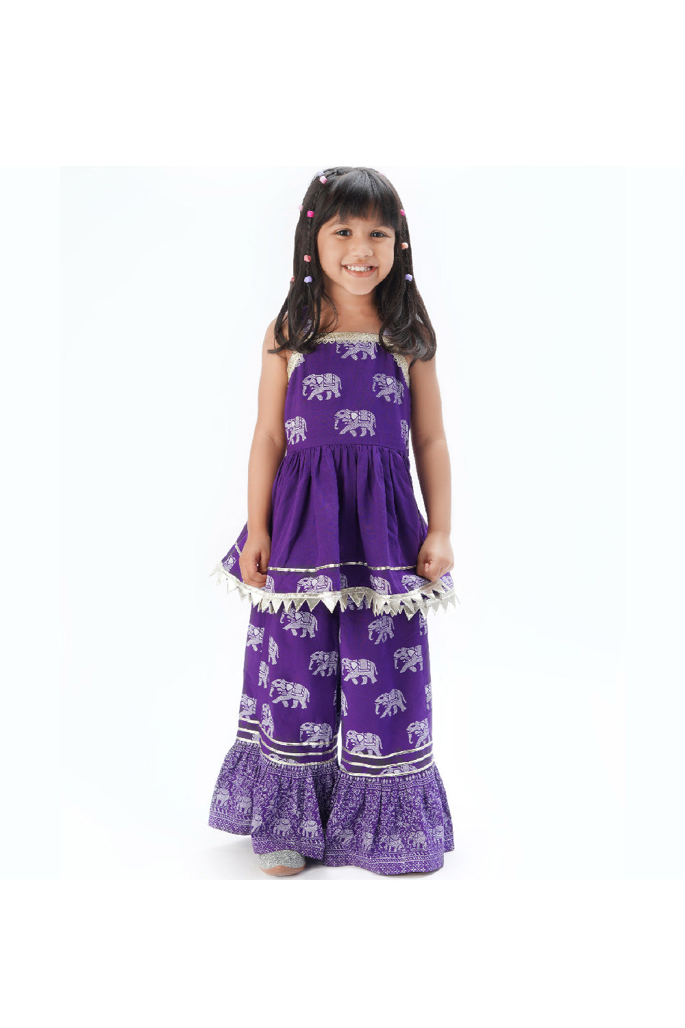 Block Printed And Lace Embellished Peplum Top And Sharara Set