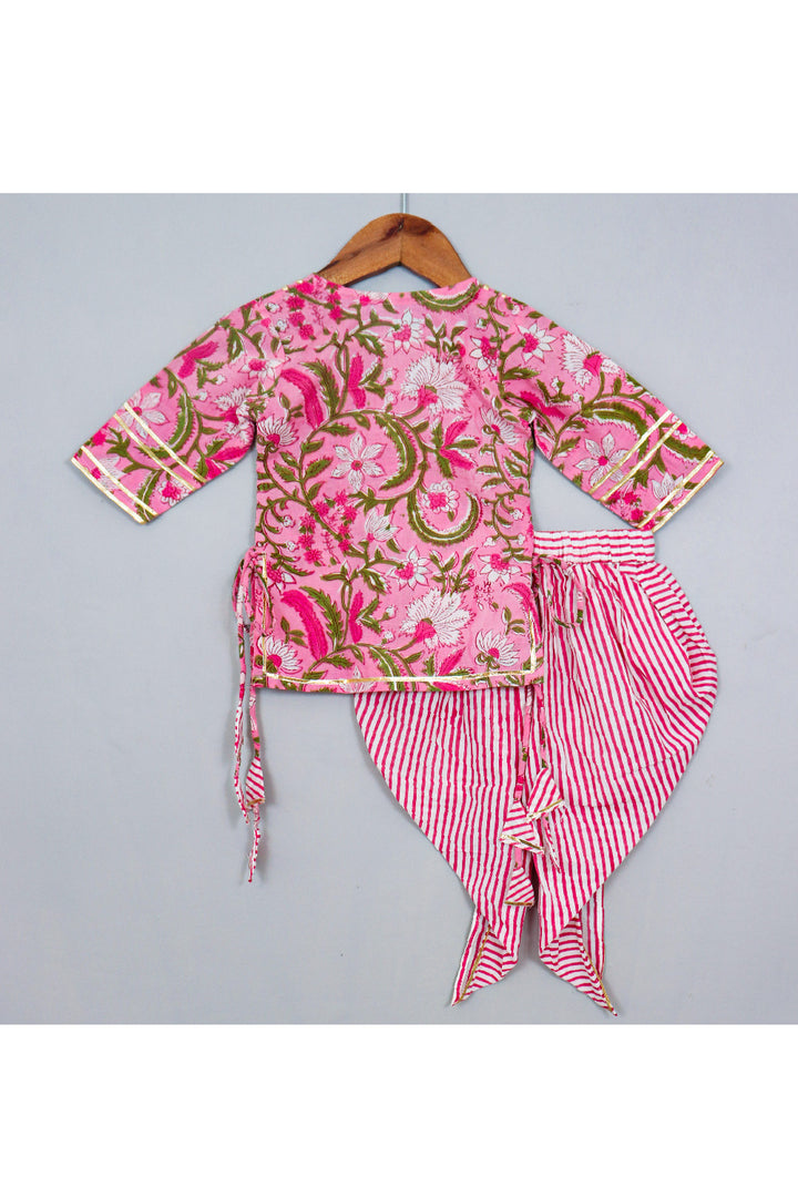 Pink Floral Printed With Lace Detailing Cotton Kurta With Dhoti And Dupatta Set