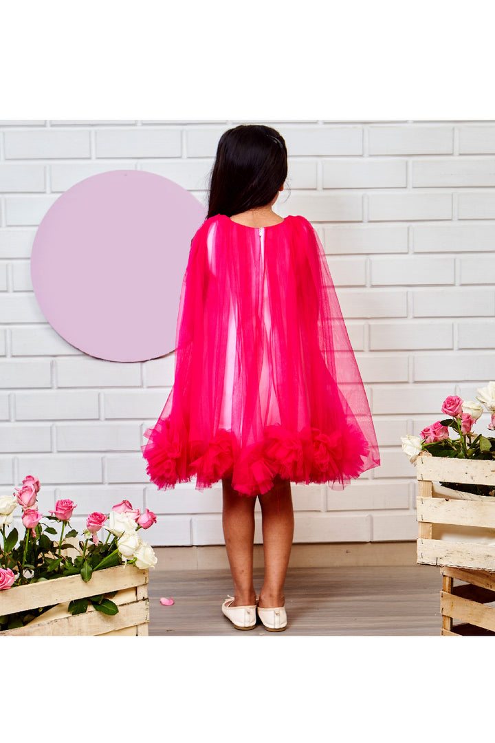 White Neoprene With Net Flared And Pom Pom Detailing Dress