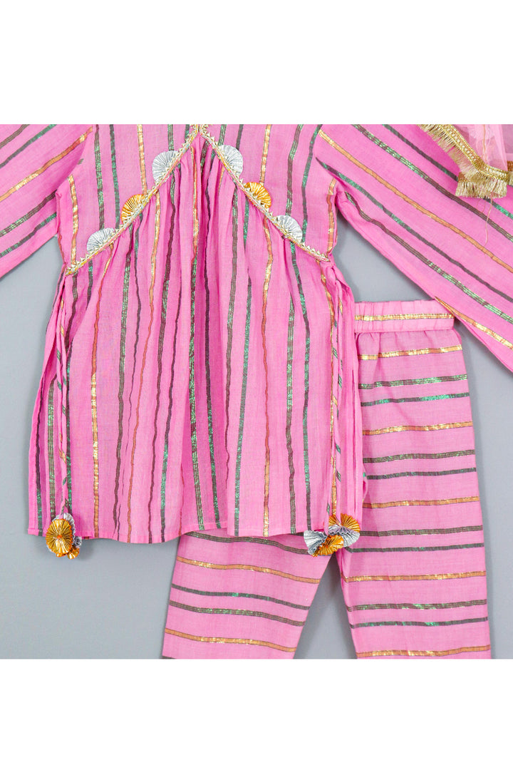 Pink Gota And Lace Detailing Kurta With Pant And Dupatta Set
