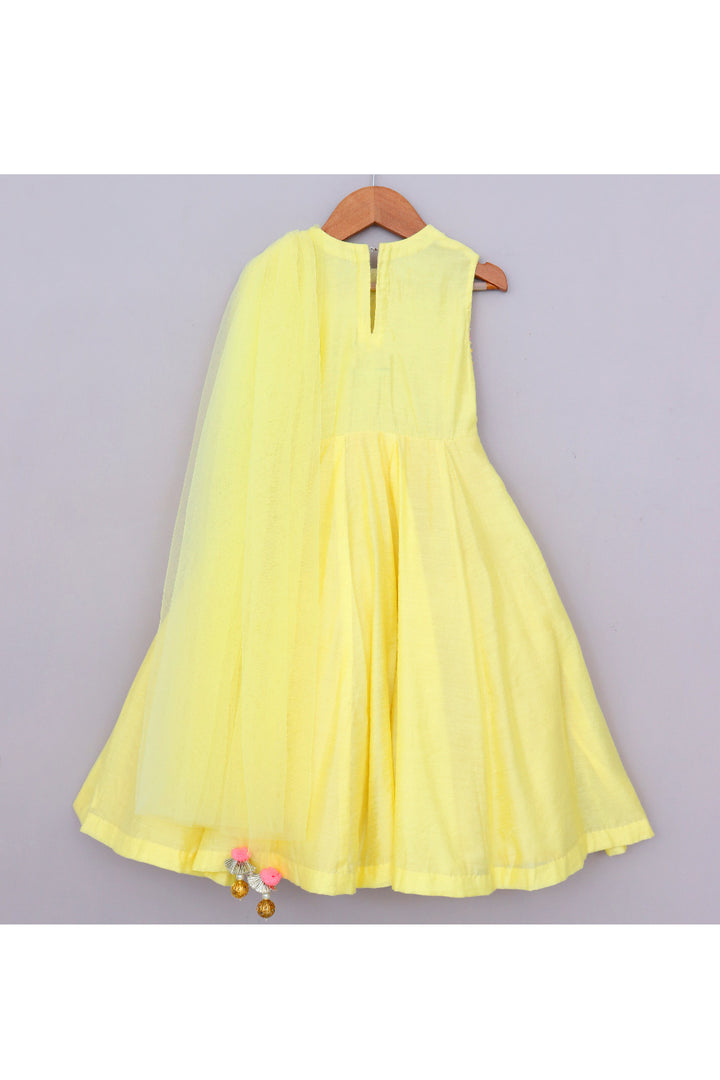Yellow Sequins And Beads Embroidered Chanderi Gown With Attached Dupatta