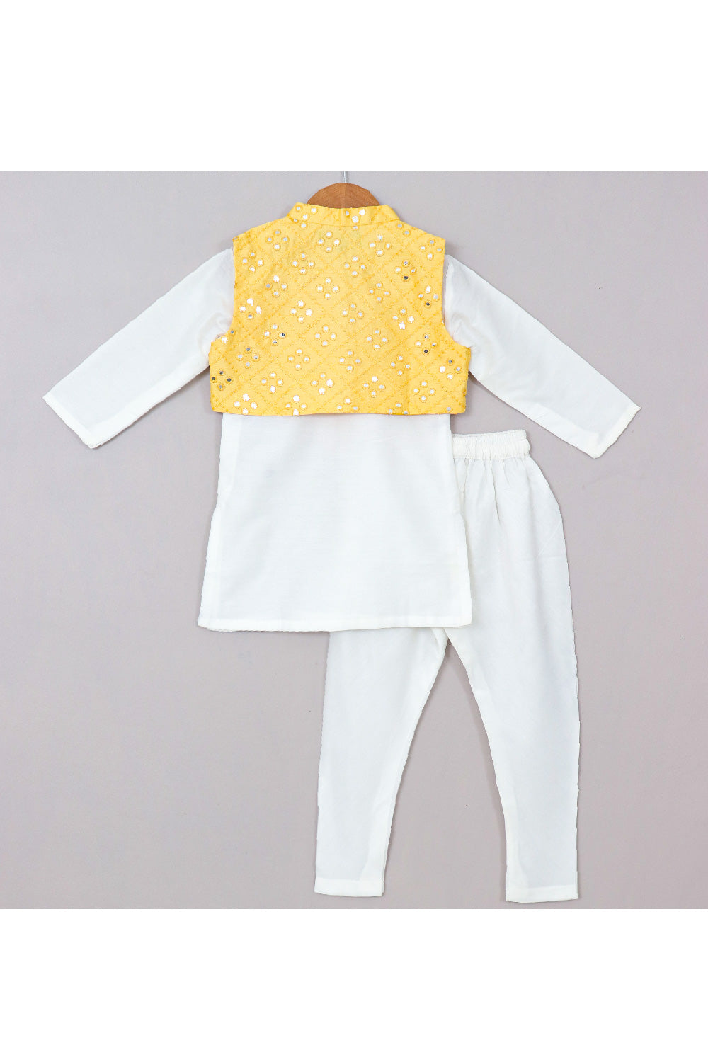 White Cotton Silk Kurta With Yellow Faux Mirror Embroidered Jacket Set