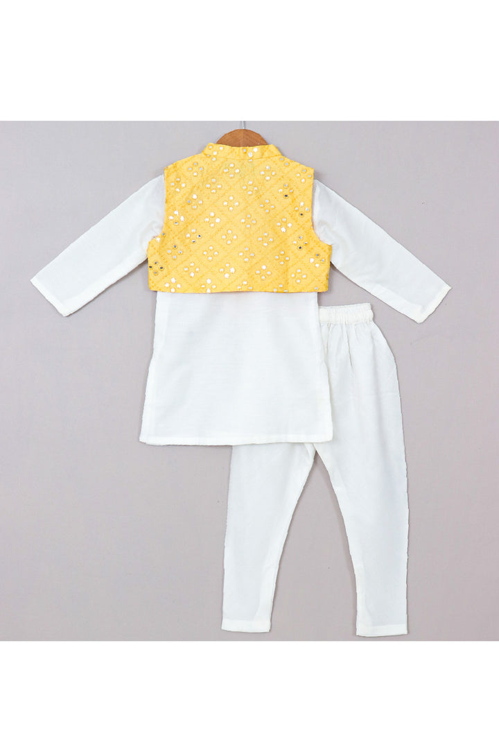 White Cotton Silk Kurta With Yellow Faux Mirror Embroidered Jacket Set