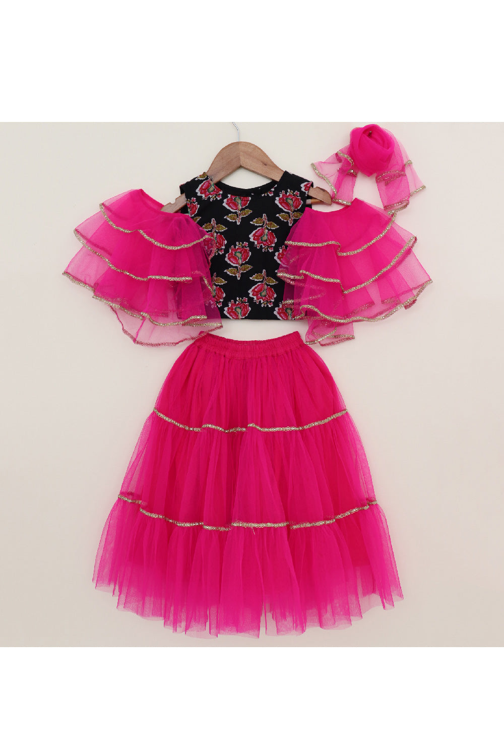 Pink And Black Floral Printed Ruffle Sleeves Top With Lehenga Set
