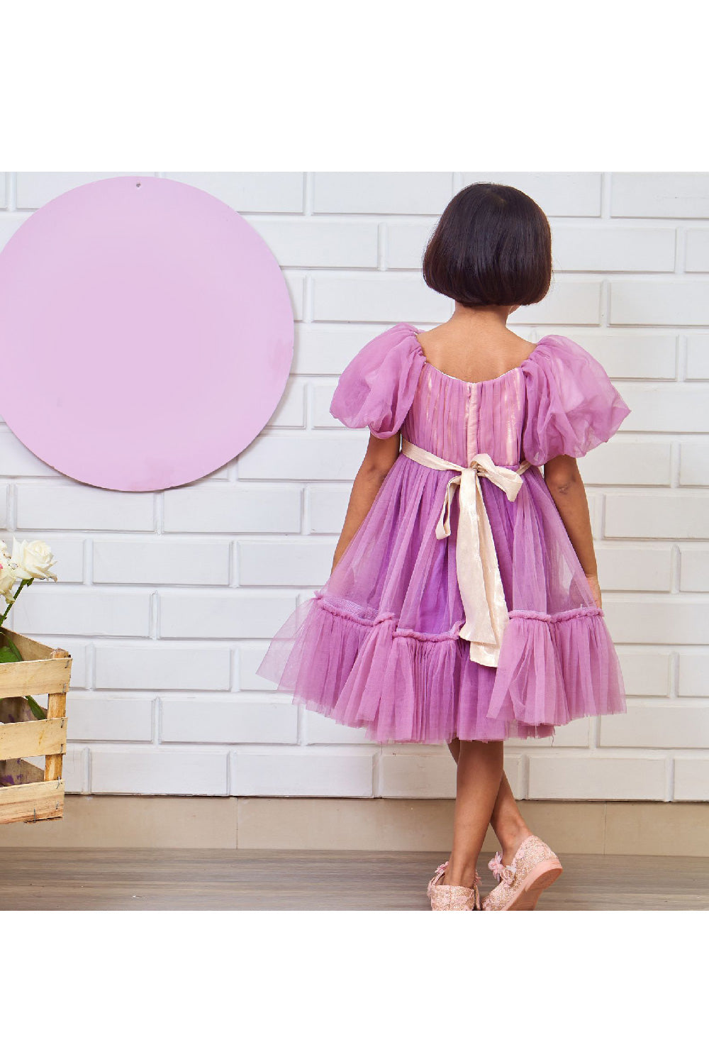 Net Puff Sleeves Dress With Sequins Bow Detailing Belt