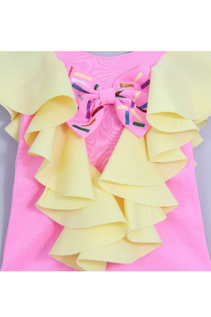 Pink And Yellow Bow Detailing Ruffle Neoprene Dress