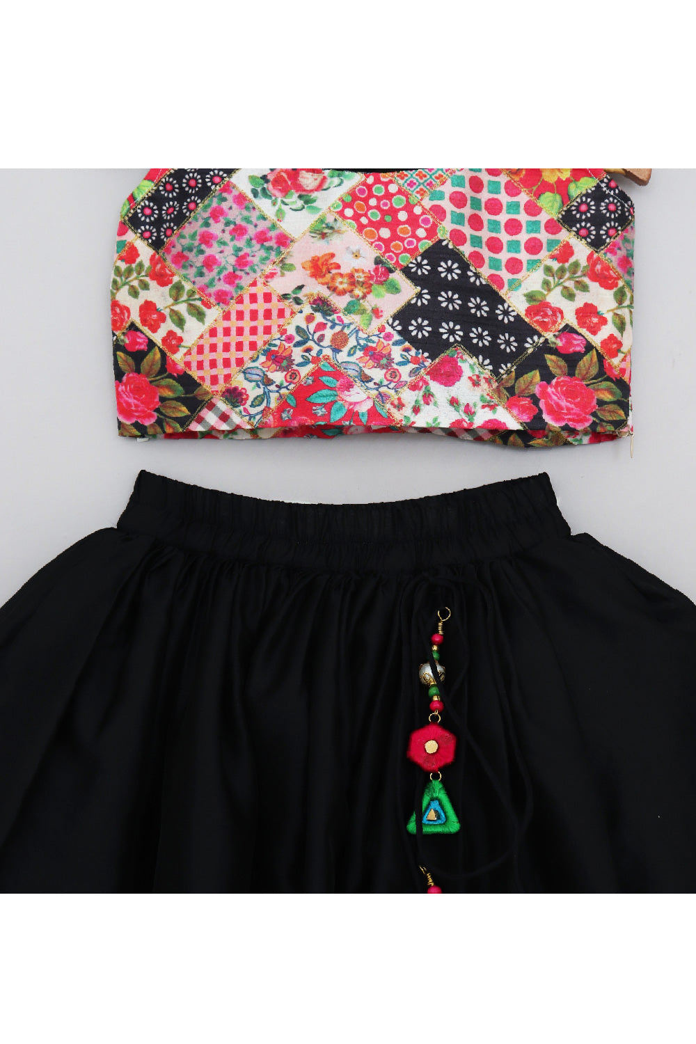 Black Printed Crop Top With Silk Lehenga Set