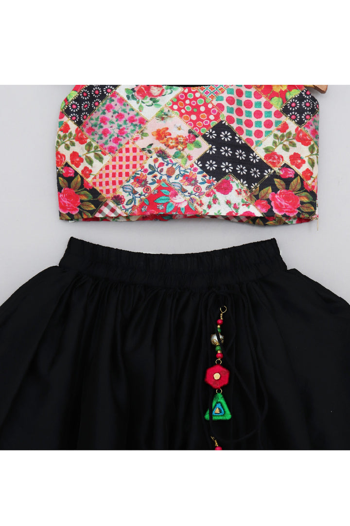 Black Printed Crop Top With Silk Lehenga Set