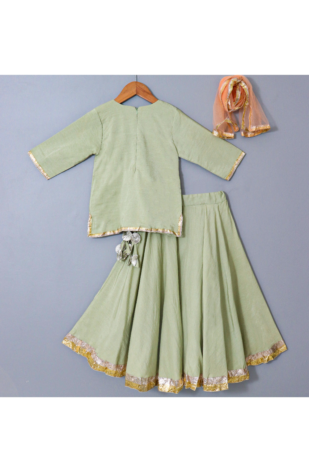 Green Embroidered Cotton Silk Long Top With Gota Patti Detailing Lehenga Set