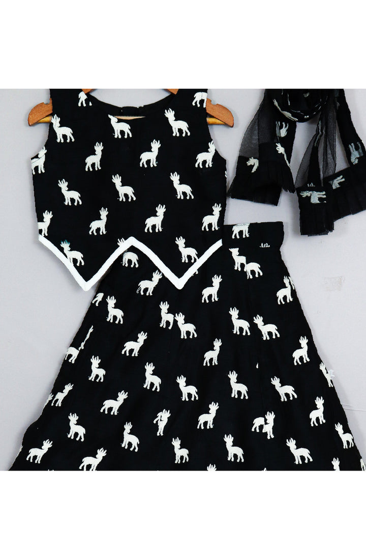 Black And White Deer Embroidered Silk Top With Lehenga Set