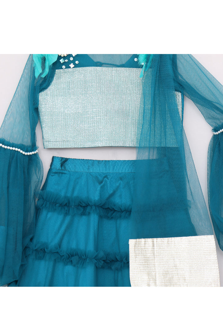 Pearl And Feather Embellished Top With Frill Lehenga Set