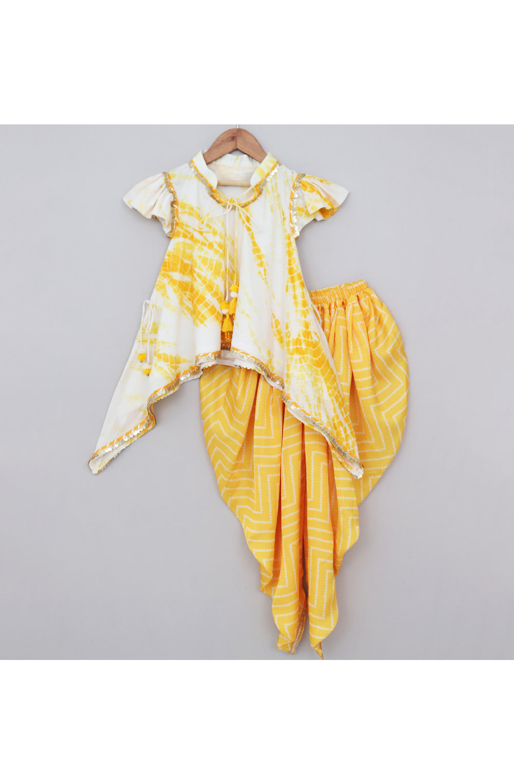 Yellow Tie And Dye Printed High Low Kurta With Bandhani Printed Dhoti Set