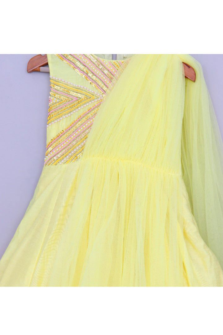 Yellow Sequins And Beads Embroidered Chanderi Gown With Attached Dupatta