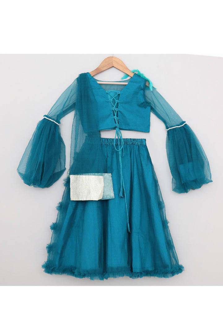 Pearl And Feather Embellished Top With Frill Lehenga Set