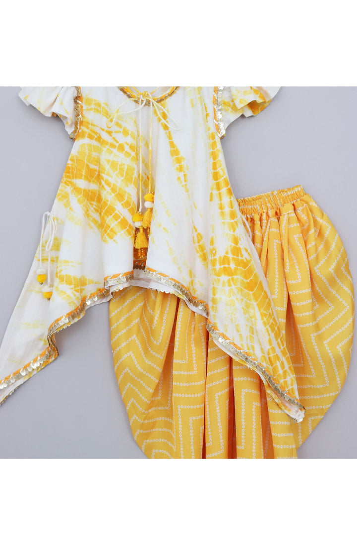 Yellow Tie And Dye Printed High Low Kurta With Bandhani Printed Dhoti Set