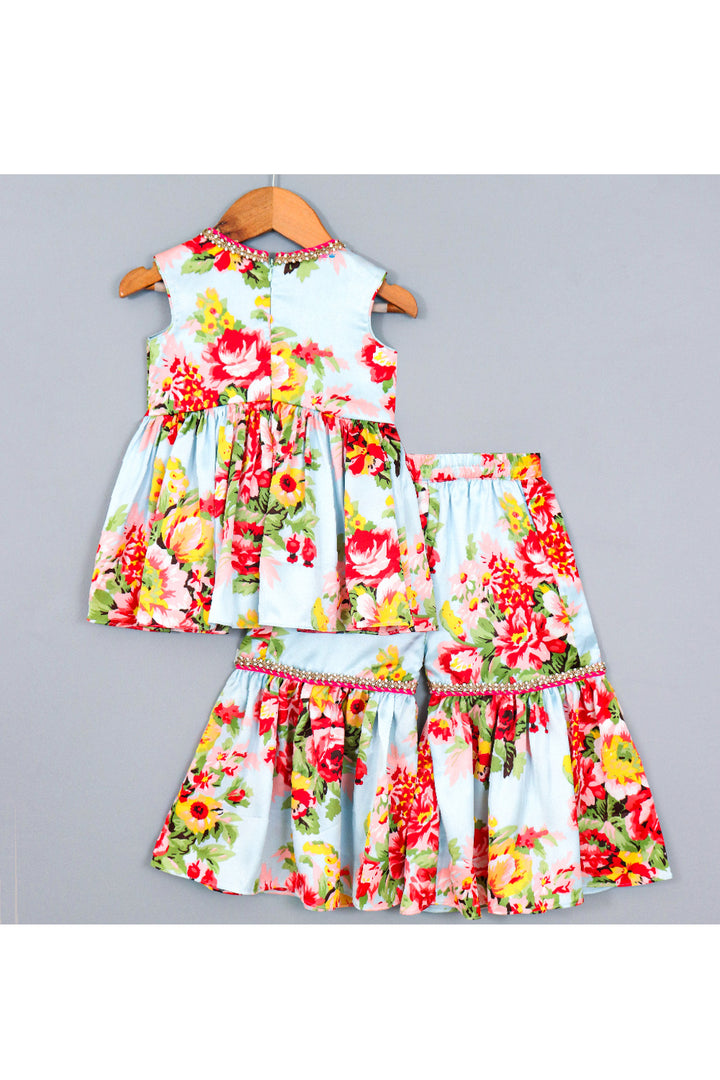 Aqua Blue Floral Printed Peplum Style Top With Sharara Set