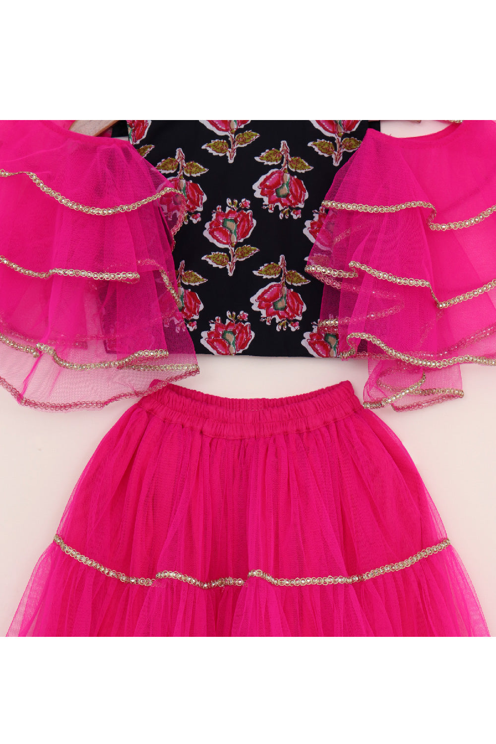 Pink And Black Floral Printed Ruffle Sleeves Top With Lehenga Set